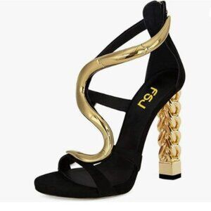 FSJ Women Flower Gold Metal Chain Chunky High Heels Ankle Strap Sandals Open Toe